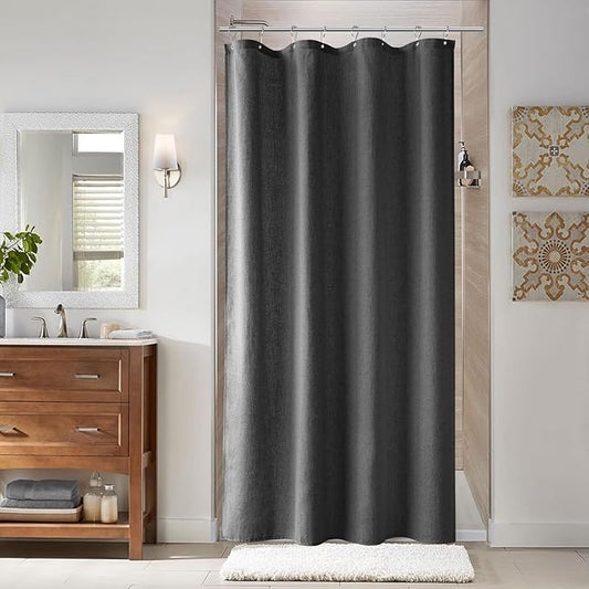 Naturoom Dark Grey 48 Inch Shower Curtain - Stall Narrow Half Linen Ultra Thick Fabric Shower Curtain Set with Hooks, Boho Farmhouse Rustic RV Camper Bath Curtains for Bathroom, 48x72
