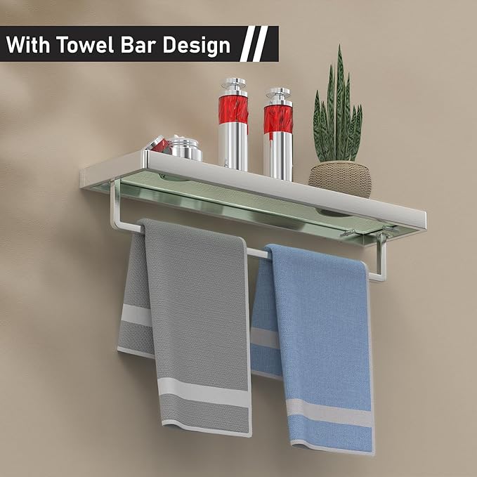 Glass Floating Shelves for Wall, Brushed Nickel 20 Inch Tempered Glass Rectangular 1 Tier Organizer Shelf for Bathroom
