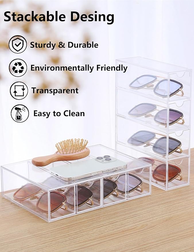 Stackable Organizer for Glasses, Sunglasses, Reading Glasses, 4 Drawers, Clear Acrylic Makeup Organizer for Cosmetic Storage and Organization