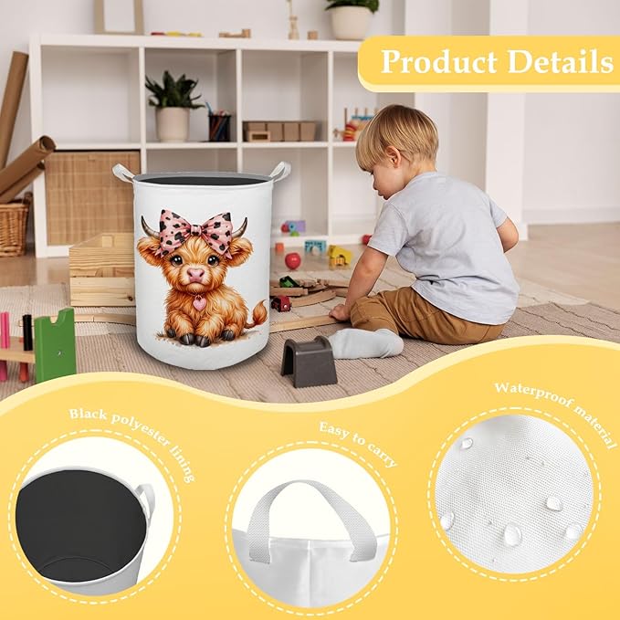 Highland Cow Baby Nursery Laundry Basket, Toybox for Girls Room, Pink Leopard Bow Cow Laundry Basket Waterproof Collapsible Clothes Toys Storage Bin Organizer for Kids Room Playroom Bathroom
