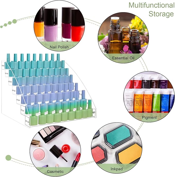 2 Packs 7 Tiers Nail Polish Holder Organizer, Multi-Level Acrylic Nail Polish Display Cases Rack, Clear Essential Oil Storage Display Stand - Hold up to 70 Bottles (2 Packs A)