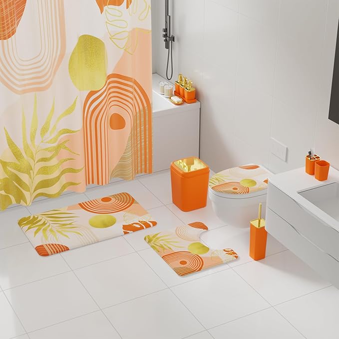 Bathroom Accessories Set - 27PC Bathroom Sets with Shower Curtain and Rugs, Orange Bathroom Set, Orange Bathroom Accessory Set with Trash Can, Toilet Brush & 3 PC Soap Dispensers