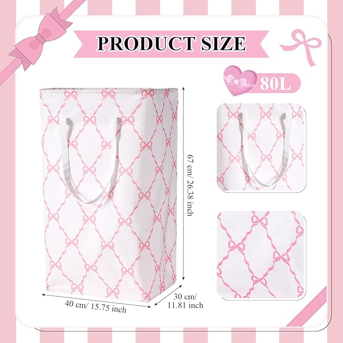 Leinuosen 2 Pcs 80l Large Bow Pink Laundry Hamper Basket with Waterproof Inner Lining, Collapsible Pink Clothes Storage Baskets Bin with Handles for Bedroom, Nursery & Home Organization(Grid)