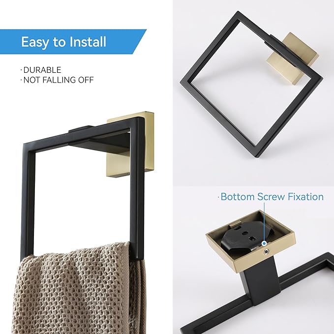 LANC Hand Towel Holder for Bathroom Wall Mount Matte Black and Brushed Gold Square Hand Towel Holder for Bath Lavatory SUS304 Stainless Steel Modern Style Shower Towel Towel Racks Hanger, A8896GK
