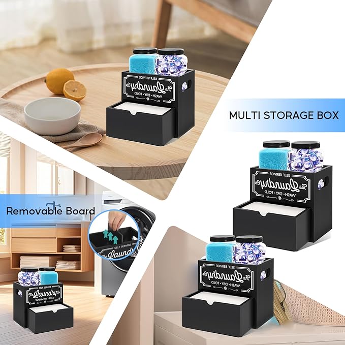 Laundry Pods Container, 7.8 x 5.1 x 6.7 Inches Wooden Dryer Sheet Container, Rustic Containers Storage Box, 2-Tier Storage Box with Drawer for Dryer Sheets and Pods (Black)