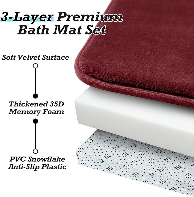 HUXMEYSON Bathroom Rugs Sets 2 Piece, Non-Slip & Quick Dry Bath Mat Set, Ultra Soft Velvet Bath Rugs for Bathroom, Toilet and Shower Floor, Red