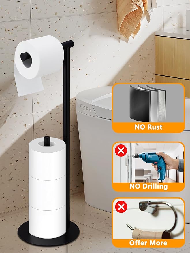 Toilet Paper Holder Stand, Free Standing Toilet Paper Roll Stand with Reserve for Bathroom, Stainless Steel, Black