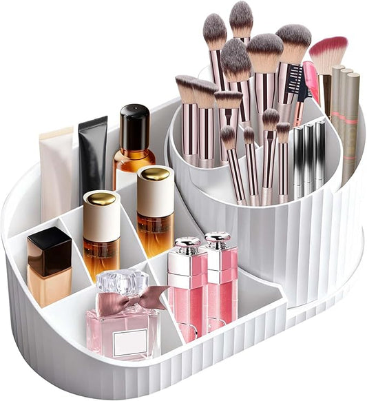 Makeup Organizer with Rotating Brush Holder Cosmetic Storage for Dresser Vanity and Bathroom Countertop Skincare Organizer for Vanity, Cosmetic Display Case for Lipstick, Skincare, Brushes, Eyeshadow