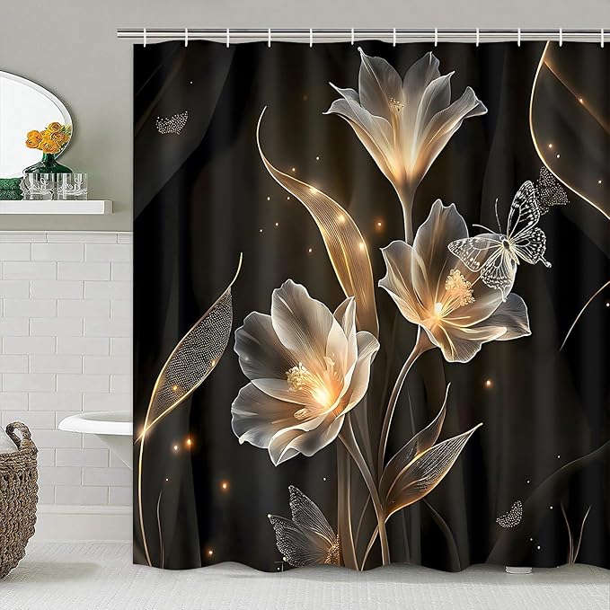 AZHM Floral Butterfly Pattern Shower Curtain for Bathroom 4 PCS Bathroom Decor Sets with Shower Curtain and Rugs and Accessories with 12 Hooks