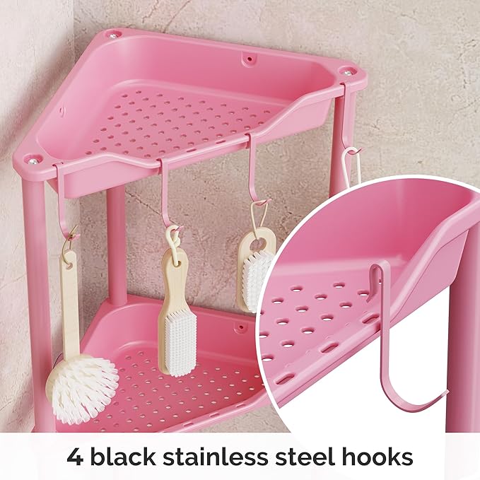 Orimade Rustproof 4 Tier Floor Standing Corner Shower Caddy Organizer, Plastic Metal Splicing Floor Corner Shelf Rack Storage Stands for Bathroom,10.8 x 10.8 x 44.6 inches, Pink