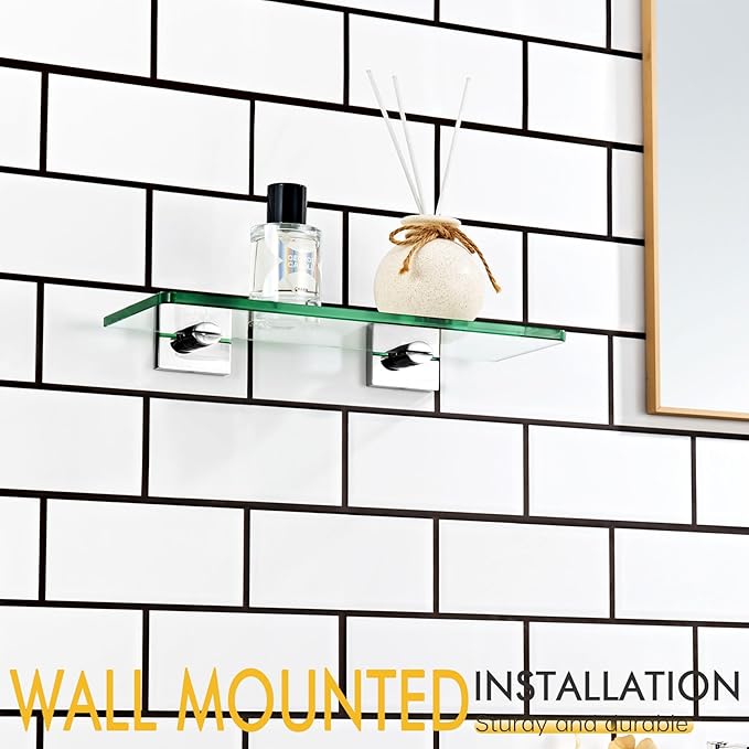 KOKOSIRI Bathroom Shelves Wall Mount 12-Inch Floating Tempered Glass Shelf for Shower Storage Home Decor, 2 Pack Polished Stainless Steel B1107CH-L12-P2