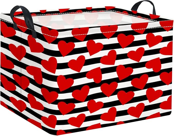 Rectangular Valentines Basket for Women Girls Storage Bin Organizer Box Shelf Room Decor(Black Red Heart)