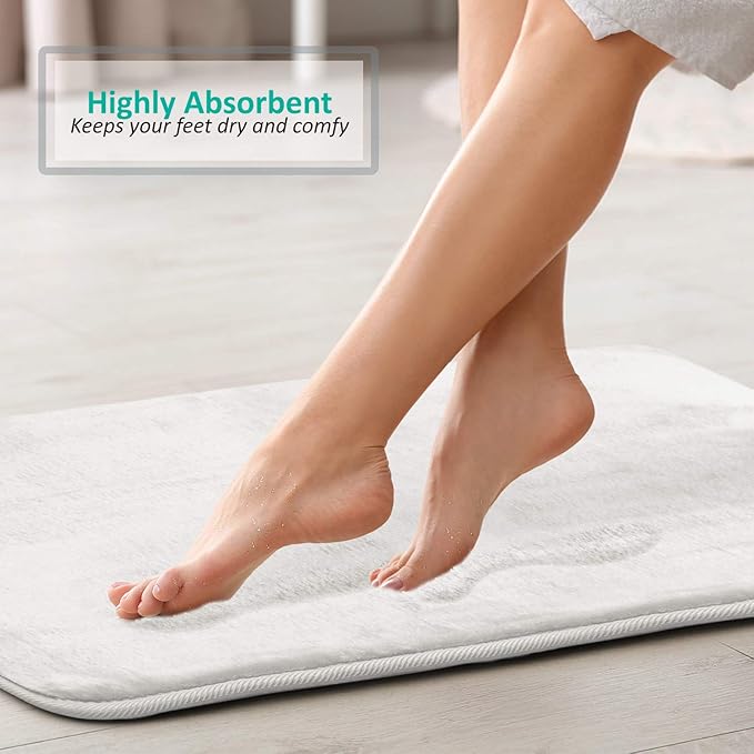 Clara Clark 2 Piece Bathroom Rugs Bath Mat Set, Velvet Memory Foam Bath Mats for Bathroom - Non-Slip, PVC Backing Bath Rugs, Washable - Dries Quickly, White