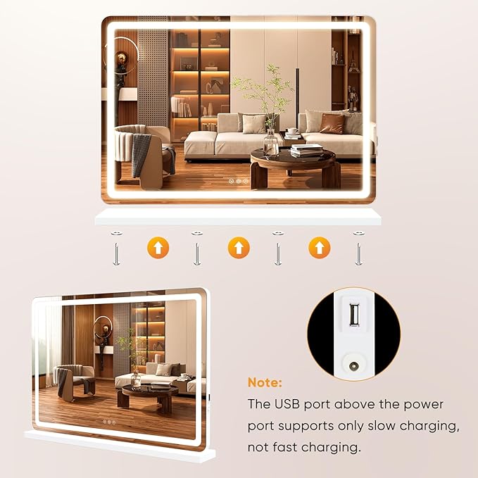 OLIXIS 22"x32" Lighted Vanity Mirror with Lights, Dimmable 3 Color Modes Makeup Mirror with Memory Function, USB Charging, Aluminum Frame, Lighted Mirror for Desk or Bedroom