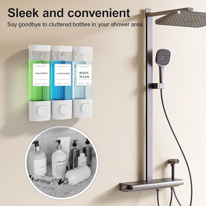 Shampoo and Conditioner Dispenser – Wall-Mounted Shower Soap Dispenser, No-Drill Installation, Lockable, 900 ml Capacity,for Bathroom & Hotel or Airbnb (White, 3-Pack)