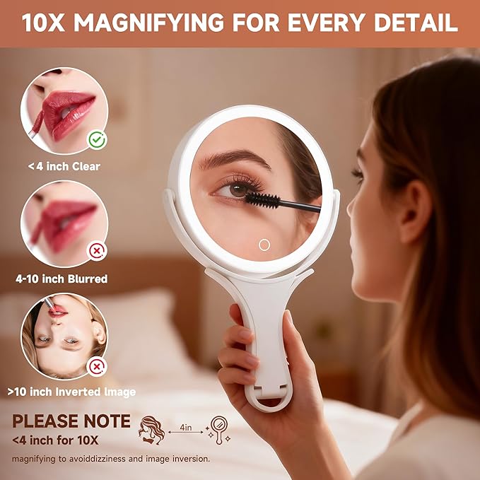 Hasipu Portable Travel Makeup Mirror with Lights – 360° Rotating with 1X/10X Magnifying, Rechargeable Tabletop Handhold Hanging 3 in 1 Mirror (White)
