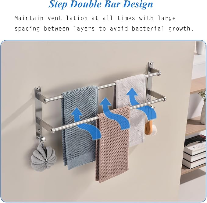 24-Inch Double Towel Bar with Hooks, Brushed Stainless Steel Bathroom Towel Rack - Wall Mounted Towel Holder
