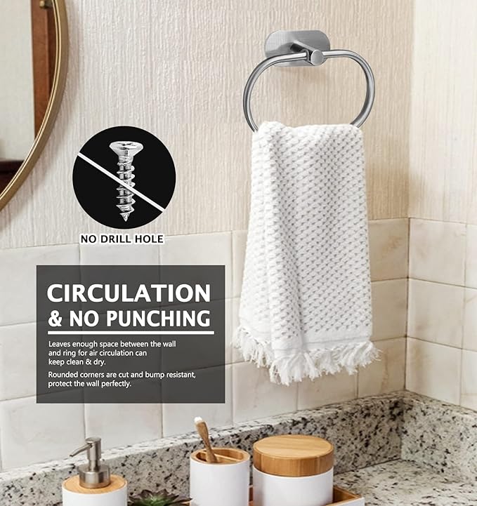 Litoexpe Self Adhesive Towel Ring Brushed Nickel, Oval Shaped Modern Hand Towel Holder, Stainless Steel Adhesive Hand Towel Hanger for Bathroom & Kithen Wall Mount (No Drilling)