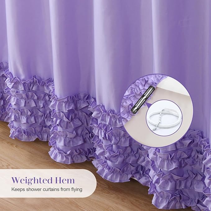 Purple Ruffle Shower Curtain, Girls Women Fabric Shower Curtain with Delicate Handcrafted Ruffles, Waterproof Ruched Farmhouse Decorative Bathroom Curtain, 72" W x 72" H