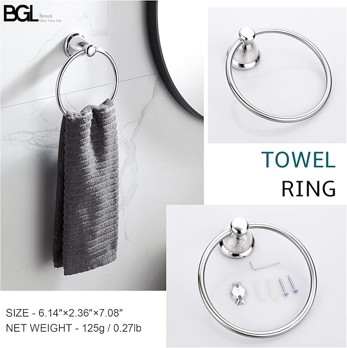 BGL 4-Piece Bathroom Accessory Set Chrome Bathroom Hardware Set 24 Inches Adjustable Towel Bar Towel Ring Paper Holder Robe Hook