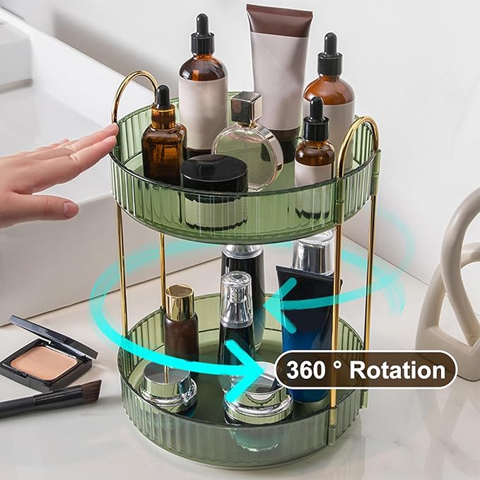 360° Rotating Makeup Organizer for Vanity, High Capacity Bathroom Countertop Organizer Spinning Perfume Organizer, Cosmetic and Skincare Dresser Make Up Holder Rack Green 2Tier