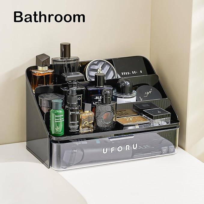 3-Tier Perfume and Cologne Organizer Stand with Large Detachable Drawer, Makeup Organizer for Vanity, Display Riser Plastic Storage Shelf, Bathroom, Office, Black