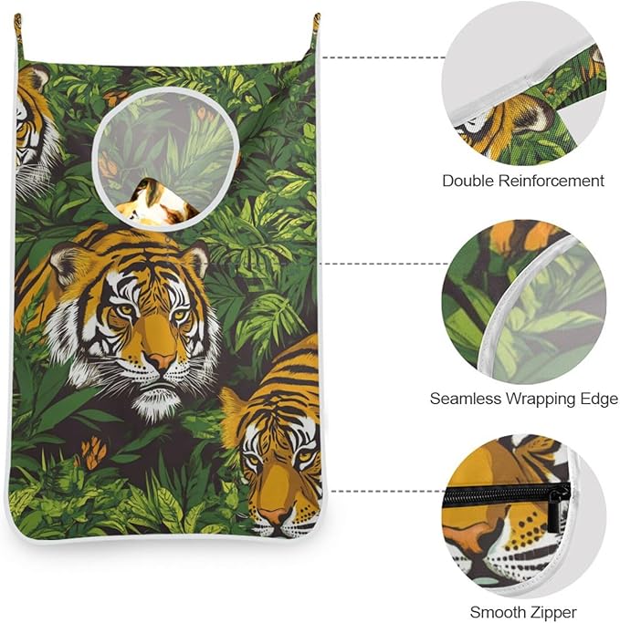 Hanging Laundry Hamper with Stainless Steel Hooks,Oxford Fabric Printing Door Laundry Clothes Bag, 29.5X20inch 2PCS Taiger Green Plant