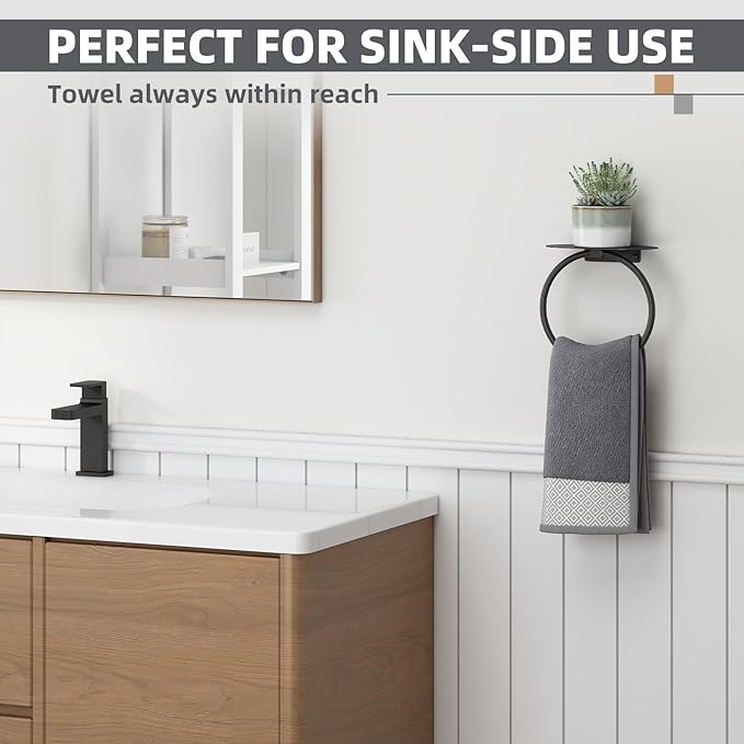 Aomasi Matte Black Bathroom Towel Ring with Shelf, Solid Stainless Steel Wall Mounted Towel Holder