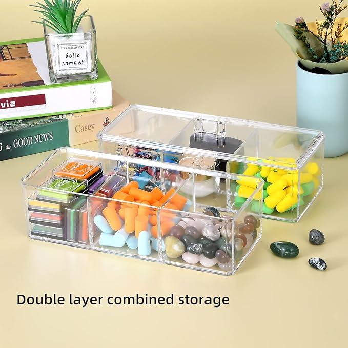 dedoot 3 Compartment Organizer 2 Layers,Plastic Drawer Clear Acrylic Vanity Desk Storage and Organizer, Bathroom Display Storage Container with Lid for Jewelry, Small Items 9.17x3.7X5.82 Inch