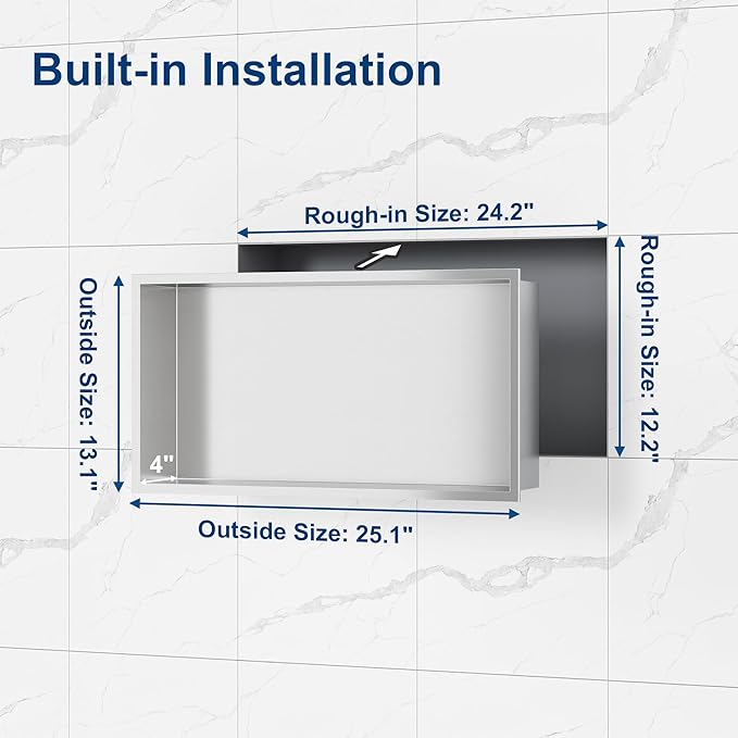 Neodrain Shower Niche, Insert Bathroom Storage Shower Shelf, Stainless Steel Recessed Wall Niche No Tiled Recessed Cabinet Waterproof for Shower Storage(Brushed,24"x12")