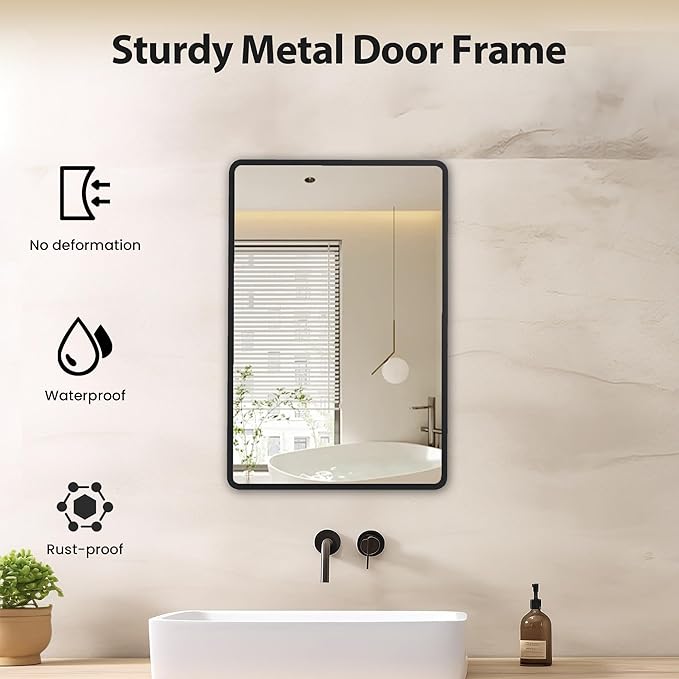 16x24 inch Medicine Cabinet with Mirror, Black Recessed or Surface Wall Mount Bathroom Cabinets with Adjustable Shelves and Metal Framed