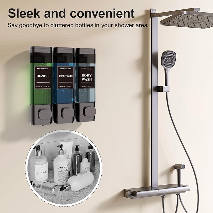 Shampoo and Conditioner Dispenser – Wall-Mounted Shower Soap Dispenser, No-Drill Installation, Lockable, 900 ml Capacity,for Bathroom & Hotel or Airbnb (Gun Gray, 3-Pack)