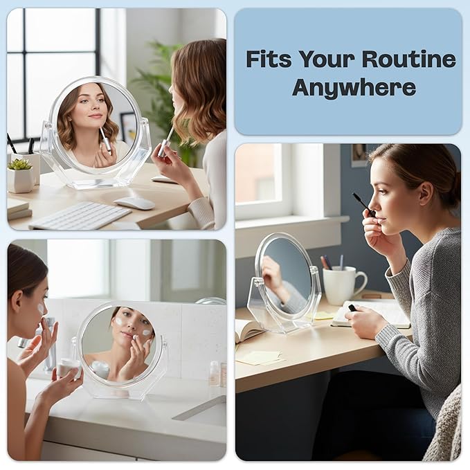 Danielle Creations Round Acrylic Vanity Mirror, Clear 1x/10x Magnifying Makeup Mirror with Soft Touch Stand, Tabletop Desk Bathroom Vanity Mirror, Portable Compact Mirror