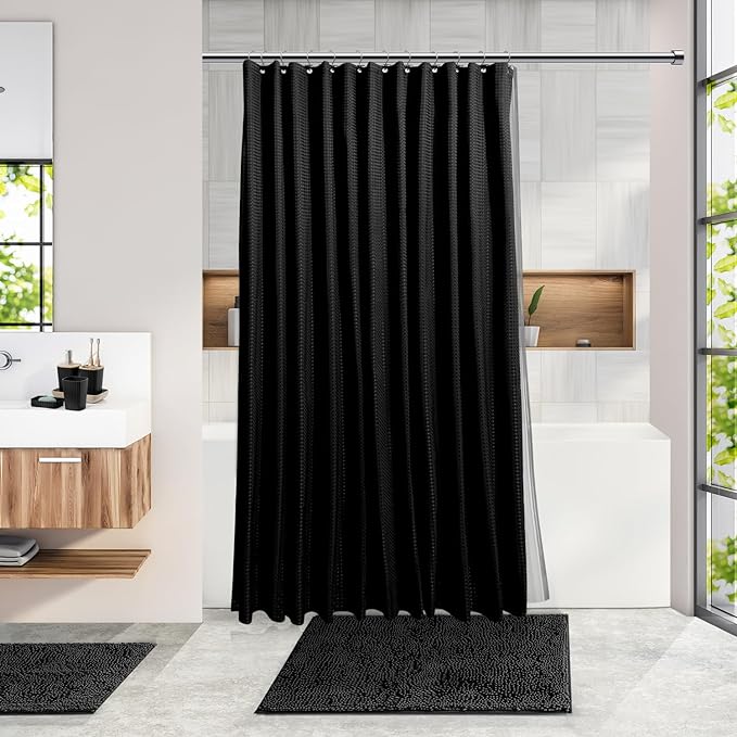 Clara Clark Bathroom Accessories Set - Bathroom Set with Adhesive Corner Shower Caddy Hanging, 25PC Bathroom Accessory Set, Black Shower Curtain Set, Toilet Brush, Trash Can & Soap Dispenser