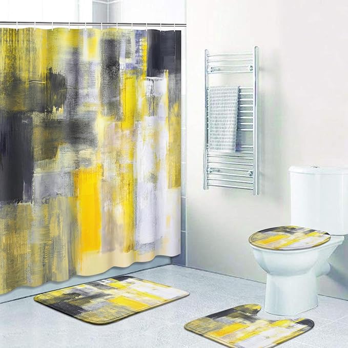 Britimes 4 Piece Shower Curtain Sets with 12 Hooks, Yellow Gray White with Non-Slip Rugs, Toilet Lid Cover and Bath Mat for Bathroom Decor Set 72" x 72"