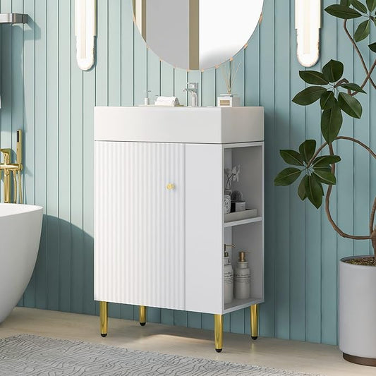 Virubi 21.6 in Small Bathroom Vanity with Sink,Doors and Storage Shelves,Wood Modern Single Fluted Bathroom Sink Cabinet Freestanding (White,Right Shelf)