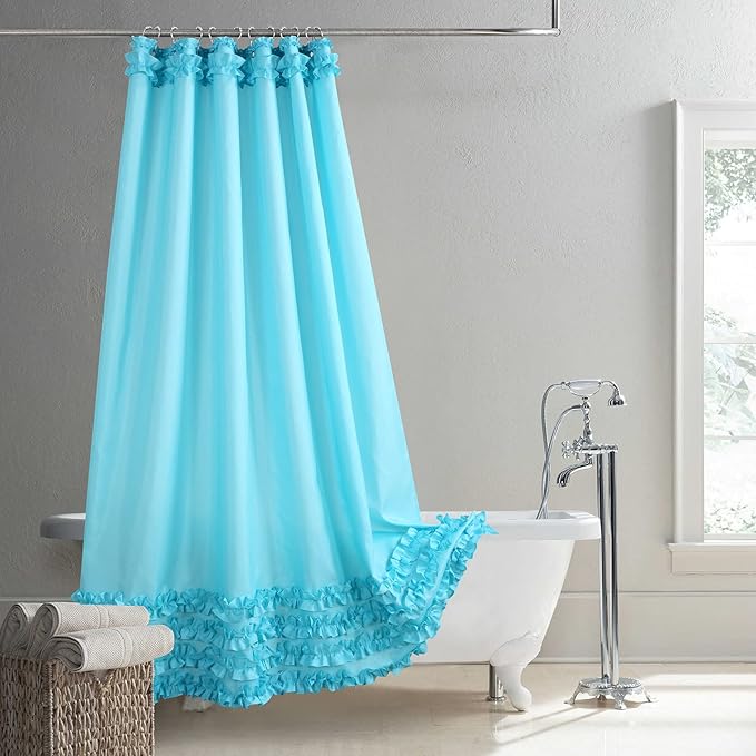 Ruffled Blue Modern Polyester Fabric Shower Curtain,Solid Boho Waterproof Decoratived Farmhouse Shower Curtains for Bathroom,72" W x Extra High 78" L