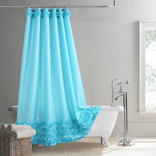 Ruffled Blue Modern Polyester Fabric Shower Curtain,Solid Boho Waterproof Decoratived Farmhouse Shower Curtains for Bathroom,72" W x Extra High 78" L