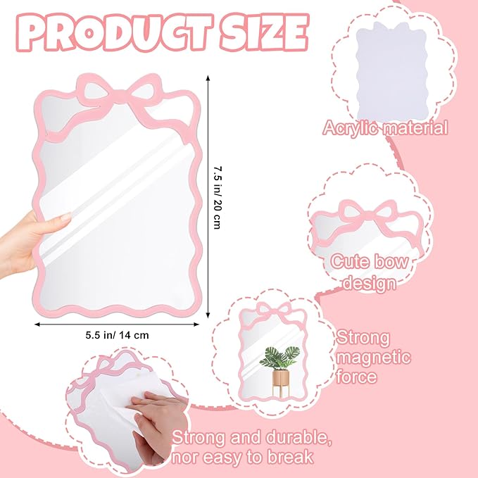 FYSUIMU Pink Bow Locker Mirror 5.5 x 7.5 Inch Small Acrylic Wall Mirror with Adhesive Backing Scalloped Coquette Bowknot Makeup Mirrors Cute Lockers Decoration for Women Girls Dorm Office School