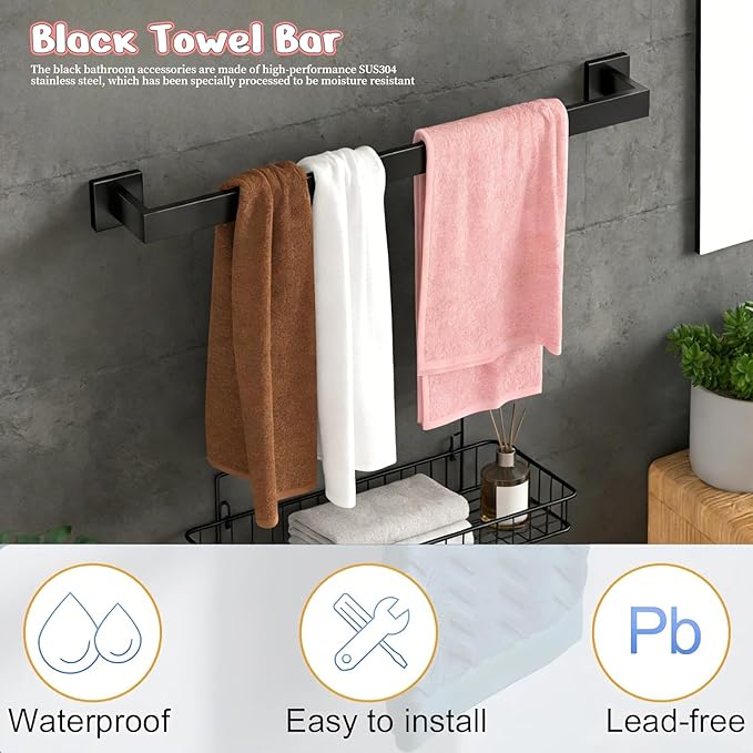 10Pcs Matte Black Bathroom Hardware Set, 24 Inch Towel Holder Accessories, Towel Rack Wall Mounted, Stainless Steel Square Hand Bar for Bathroom Shower Bath Kitchen Wall Mounted