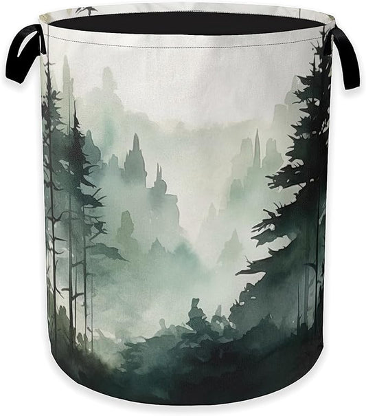 Foggy Forest Mountain Laundry Hamper,Watercolor Tree Clothes Hamper for Laundry,Waterproof Oxford Toy Storage Collapsible Hampers for Bedroom, Dorm Room,Bathroom,16x20 Inch