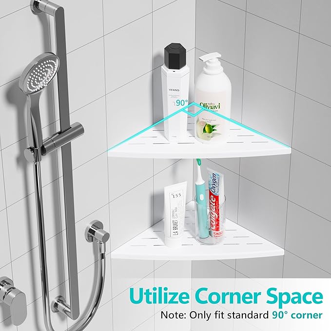 Qeke Corner Shower Shelf Matte White, 304 Stainless Steel 11.5” Recessed Corner Shelf Bathroom for Tiled Wall, Floating Shower Shelves Shampoo Holder, No Drilling, 2 Pack