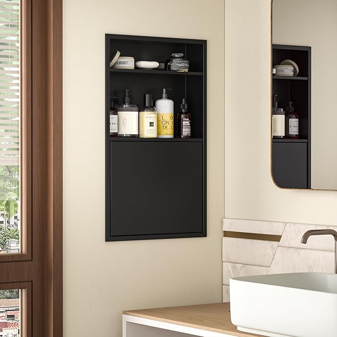 Recessed Medicine Cabinet with Door 24" X 14" Matte Black Wall Medicine Cabinets with 3-Tier Shelf 304 Stainless Steel Niche Shower for Bathroom Storage