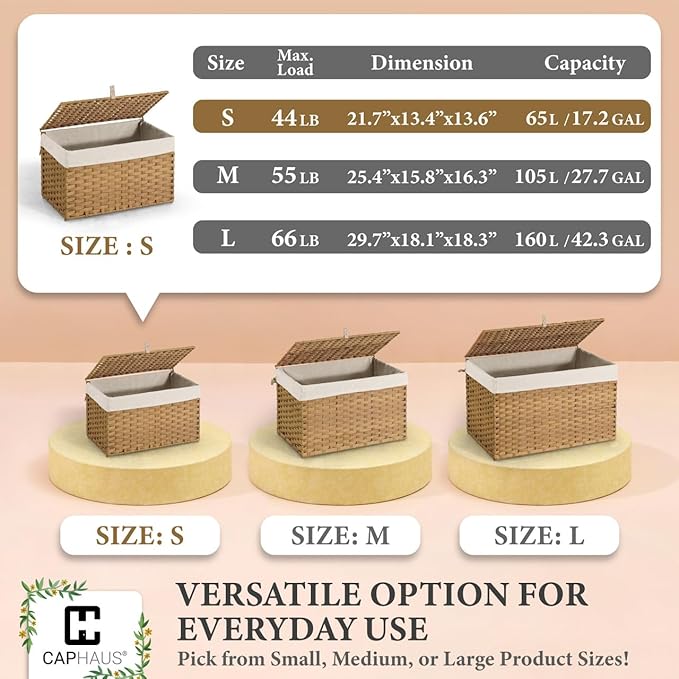 CAPHAUS Foldable Laundry Basket w/Lid, Synthetic Rattan Hamper w/Handles, 2 Removable Liner Bags, Large Storage Basket, 65L, Natural