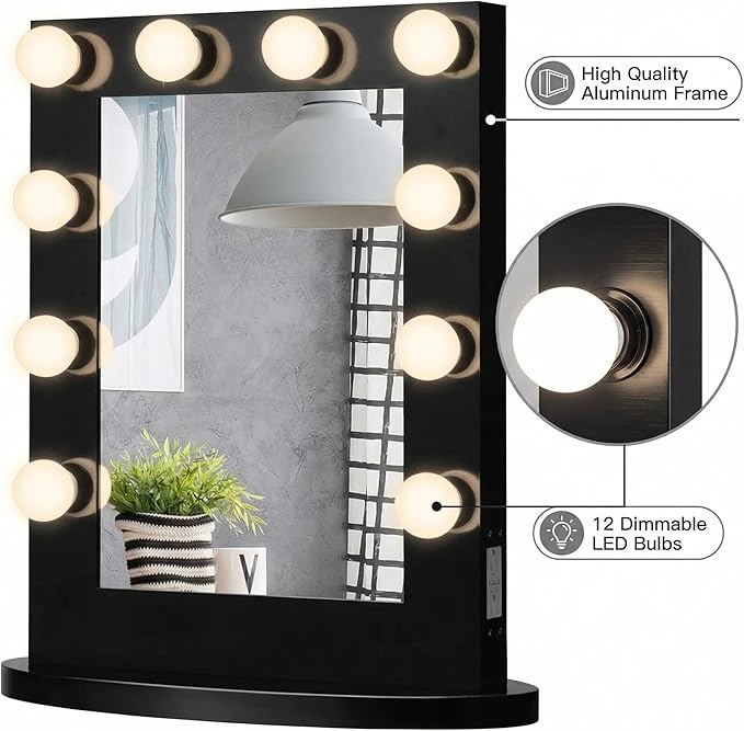 Tangkula Hollywood Makeup Vanity Mirror with Lights, Standing Vanity Makeup Mirror with Detachable Base, Beauty Mirror Makeup Mirror with Dimmer for Dressing Room Bedroom (Black)