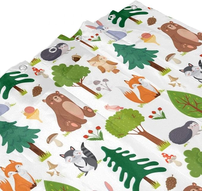 Kids Baby Woodland Shower Curtain Animals Cartoon Girls Children's Cute Cartoon Funny Colorful Weeds Plants Fox Waterproof Fabric Bathroom Decor 72x72 Inches(183x183cm), Style-12