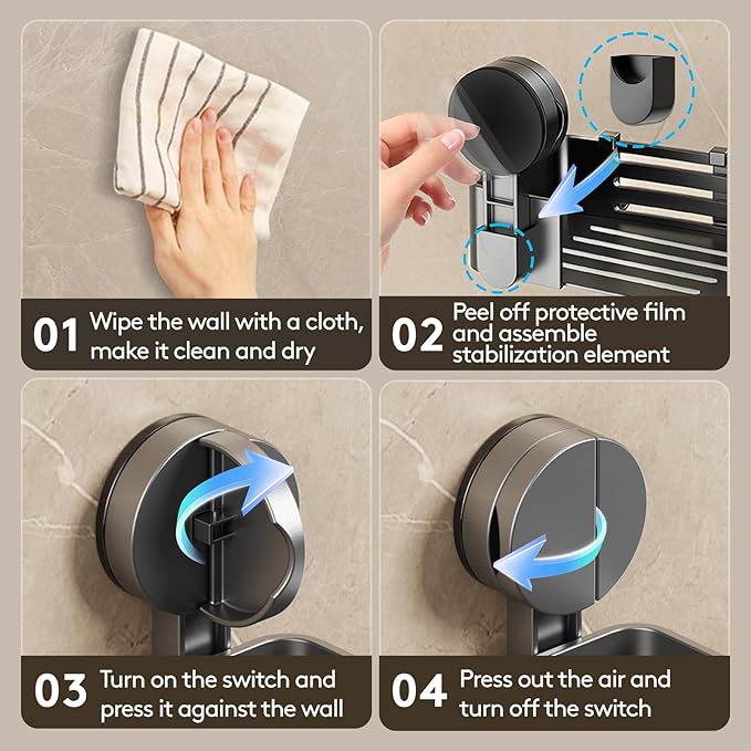 Suction Cup Shower Caddy Without Drilling | 4 Hooks, 32 cm Length, 10 kg Load Capacity, 1-Minute Installation | Removable and Rust-Free Shower Shelf
