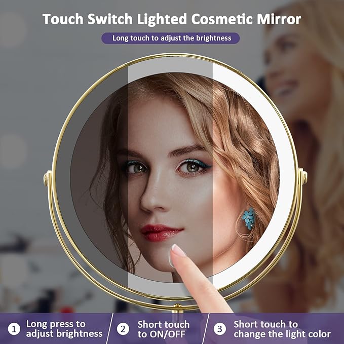 Gold Makup Mirror with Lights, 10X Magnifying Lighted Vanity Mirror, 8 Inches 360 Swivel Two-Sided Tabletop Mirror Gold Finish