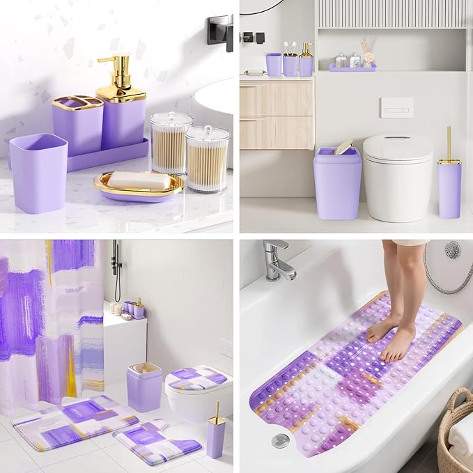 XLHOMO Bathroom Accessories Set - 26PCS Purple Bathroom Set, Bathroom Accessory Set with Shower Curtain and Rugs and Bathtub Mats for Home