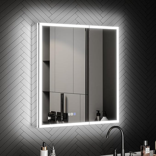 ExBrite 30 x 32 Lighted Medicine Cabinet with Mirror, Front&Backlit led Medicine Cabinet,Defog,5X Magnifier,3 Colors Temper Dimmable,Surface or Recessed Mount,Door Wide Open